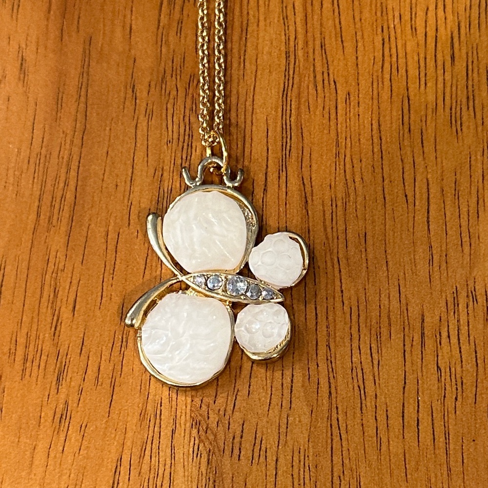Gold and White Carved Stone Butterfly Pendant Necklace with Rhinestones